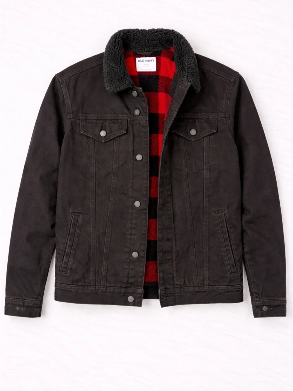 Old Navy Sherpa Lined Black Denim Jacket Mens M Tall Plaid Flannel Trucker Coat